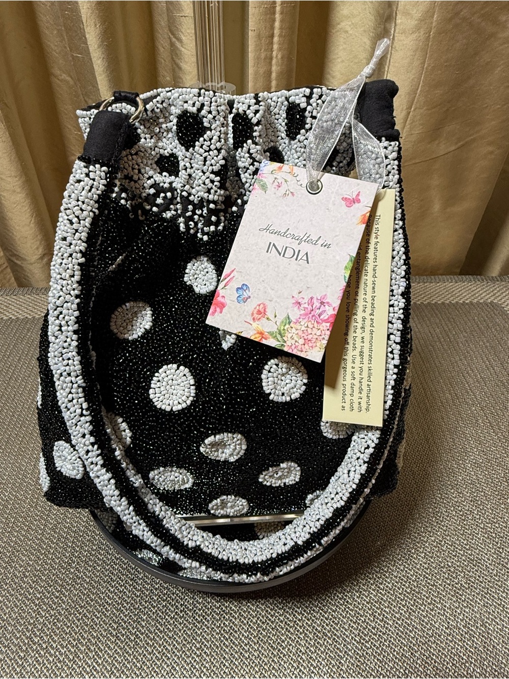 Handcrafted Black & White Beaded Polka Dot Women’s Handbag- NWT